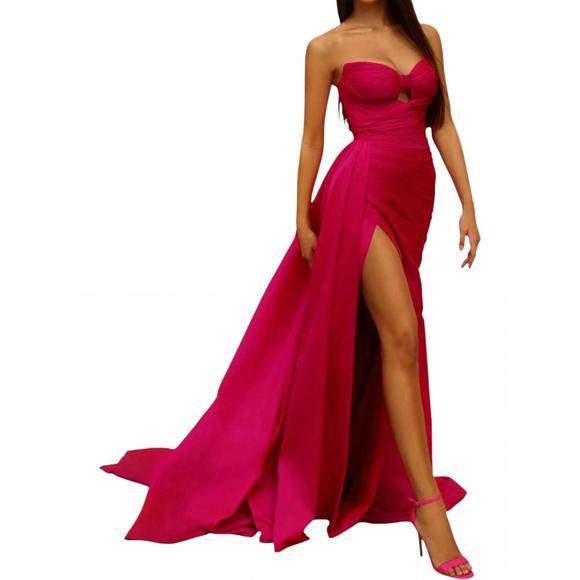 NEW TARIK EDIZ strapless taffeta gown with high slit in fuchsia - Picture 2 of 3